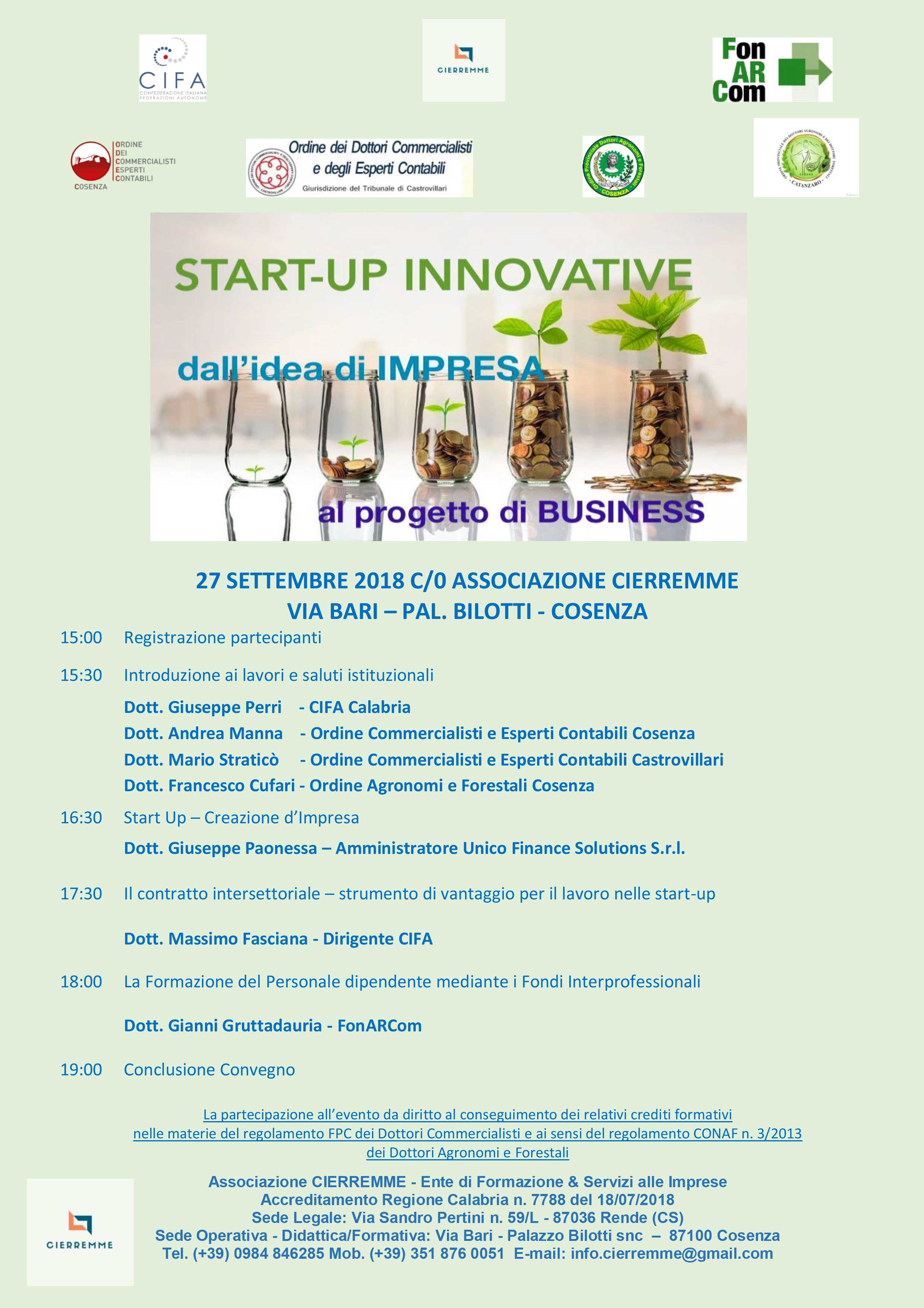 Start-up innovative: il programma del seminario a Cosenza.