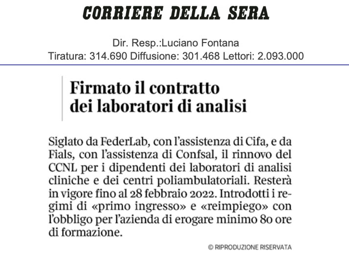 RInnovato CCNL laboratorio analisi Corriere