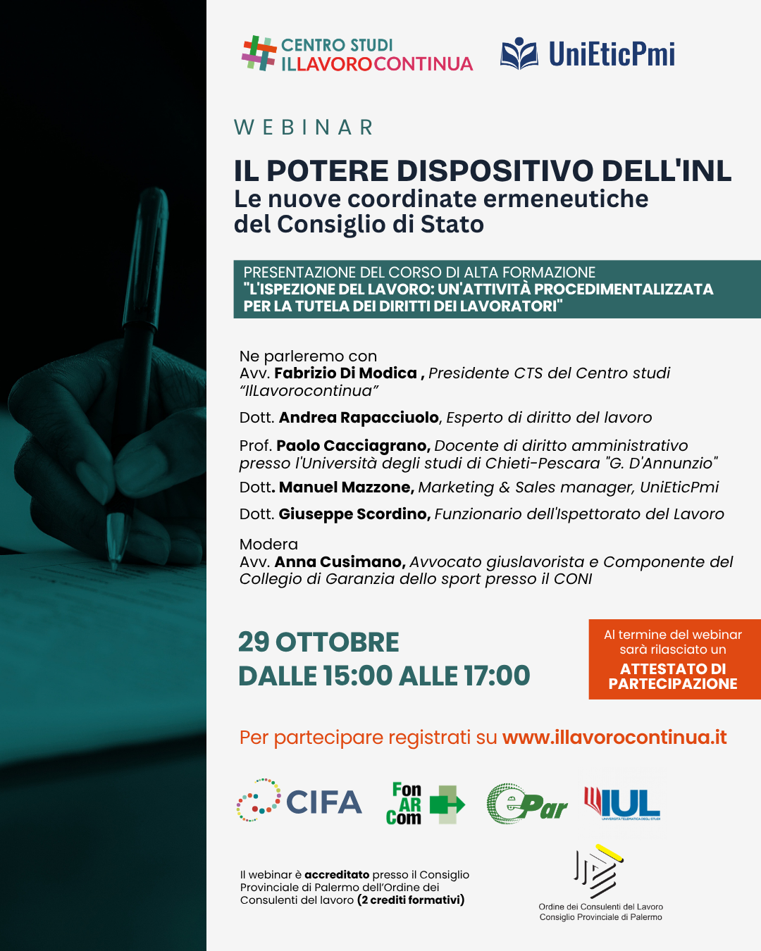Webinar CIFA Italia del 29 ottobre 2026 sul potere dispositivo dell’INL e le nuove coordinate del Consiglio di Stato.