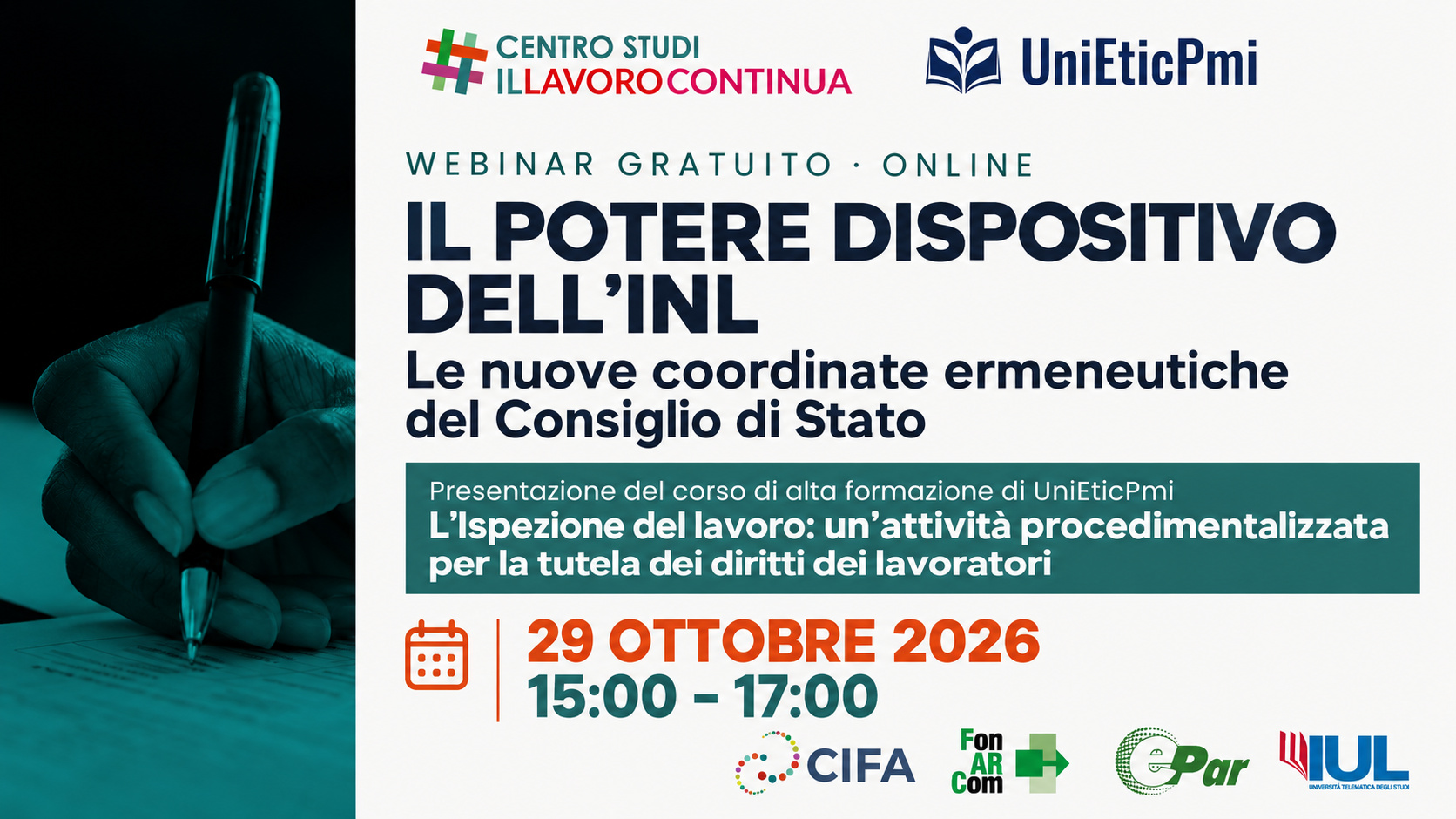 Webinar CIFA Italia del 29 ottobre 2026 sul potere dispositivo dell’INL e le nuove coordinate del Consiglio di Stato.